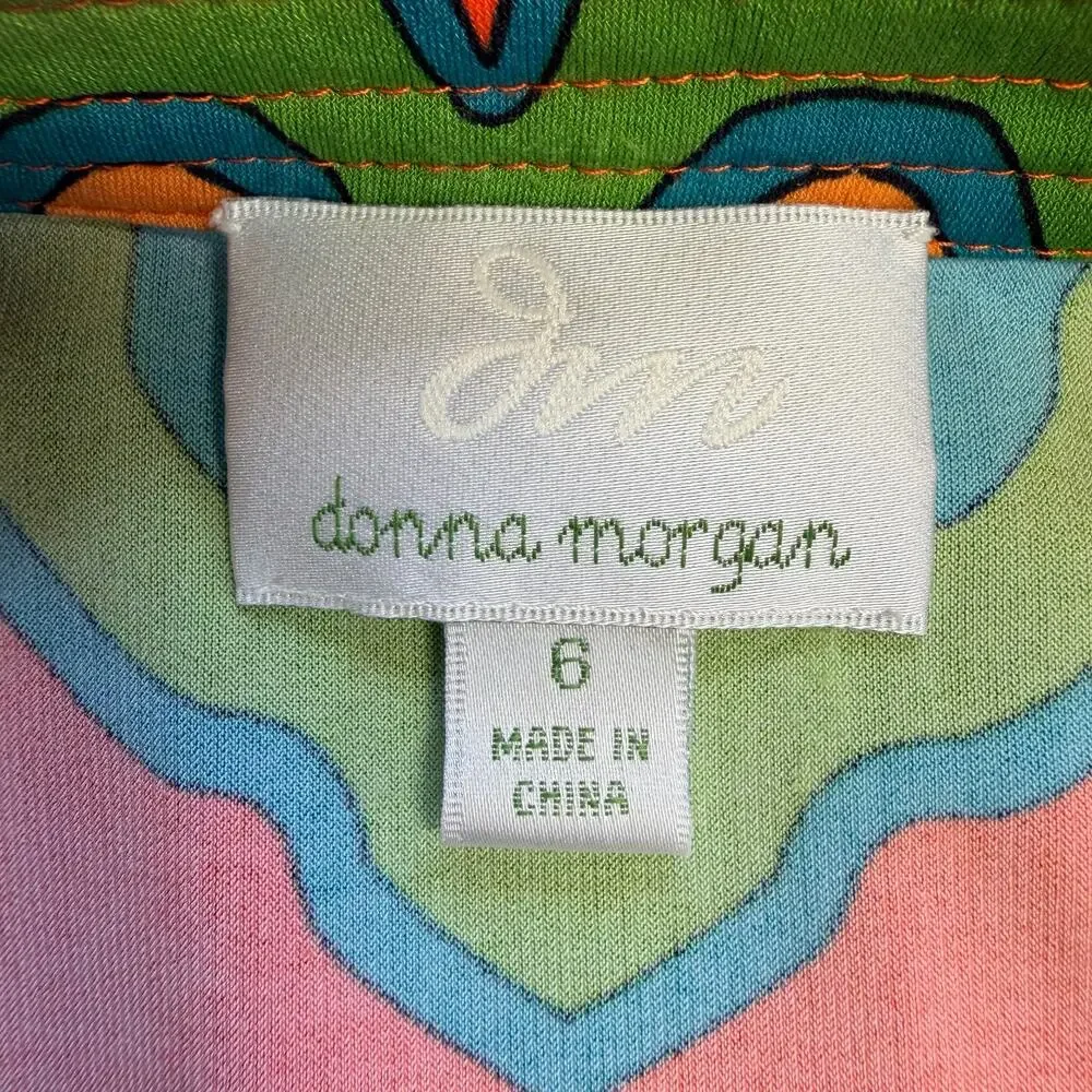 Donna Morgan Womens Tunic Shift Dress Retro Geo Print Pullover Green Orange Sz 6